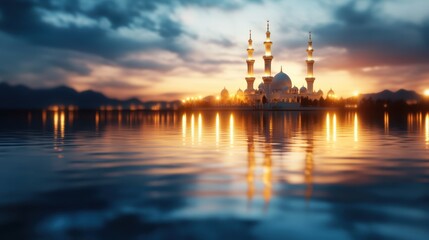 Naklejka premium An intricately designed mosque glowing softly during sunset, its reflection mirrored in the water, symbolizes peace and the beauty of architectural harmony at dusk.