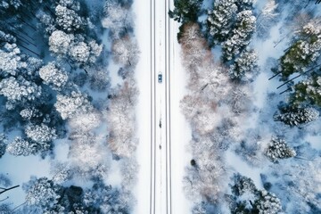 Snowy forest road captured from above	