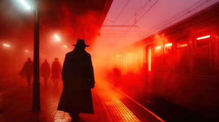 Shadows dance around a solitary figure at a train station, illuminated by red light and enveloped in fog that suggests an underlying tale of suspense and travel.