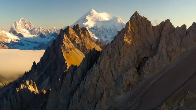 Majestic Karakoram Mountains in Pakistan veiled by ethereal low-hanging clouds on a radiant sunny day. Stunning 4K imagery from the journey to the iconic K2 Base Camp.