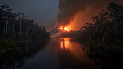 Devastating Night Fire Scene Over Calm Waters
