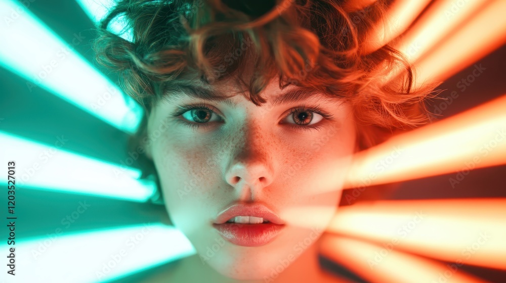 Poster an intimate portrait featuring a young person illuminated by captivating light patterns, emphasizing