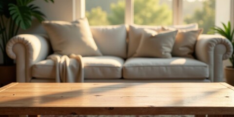 Obraz premium Warm Sunlight Illuminates a Wooden Table in Front of a Cozy Sofa with Soft Cushions