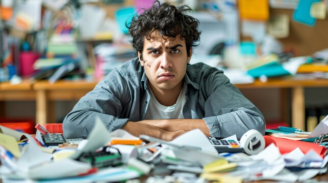 Distressed man at desk surrounded by scattered papers and calculator, looking overwhelmed in office setting with copy space for text.