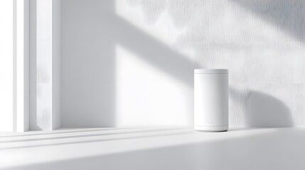 Fototapeta premium Modern White Speaker on Minimalist Table with Soft Shadows and Light