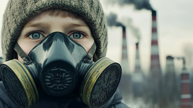 Sad Child Wearing Gas Mask in Front of Smoking Factory Chimneys