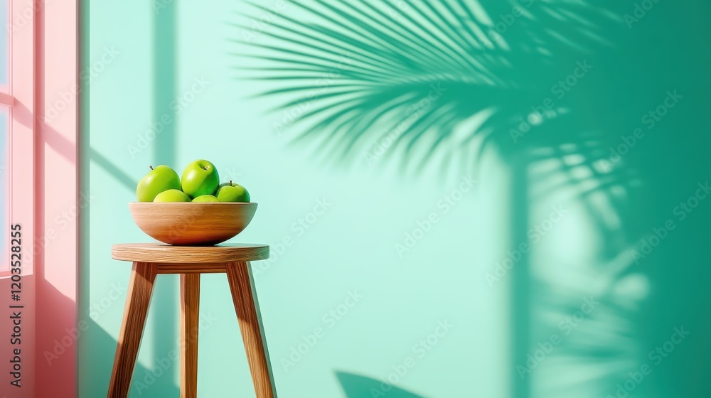 Poster bright green apples displayed artistically in a bowl, casting subtle shadows on a colorful backgroun