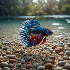 A multicolored Betta fish gliding above a sandy bottom with scattered pebbles, in a tranquil lake.