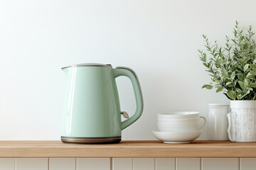 Minimalist electric kettle in a pastel green color on a Scandinavian-style kitchen shelf.