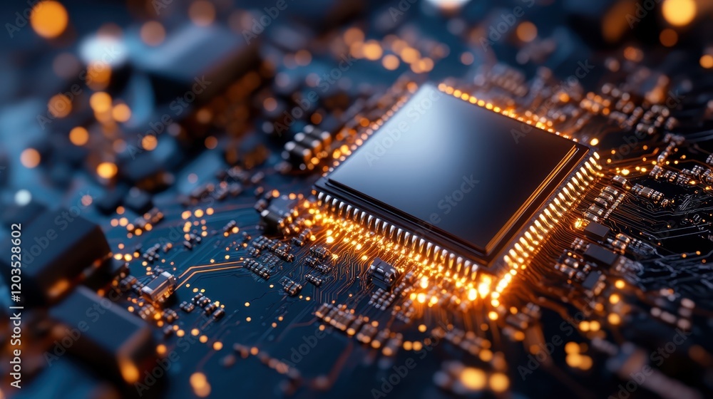 Poster a close-up of a futuristic microchip surrounded by glowing circuits, symbolizing technological advan