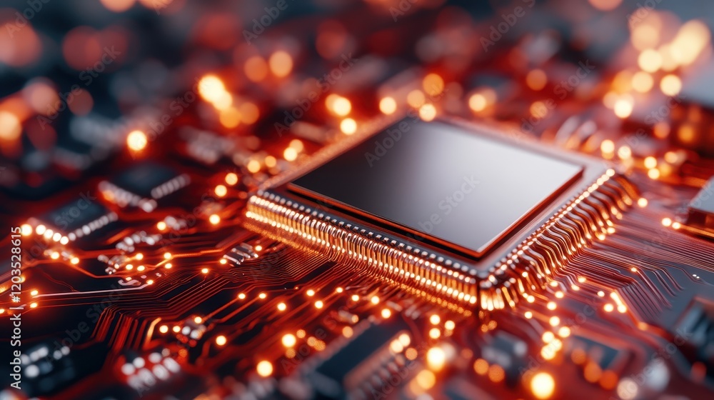 Poster this image captures a detailed view of a circuit board showcasing intricate patterns, glowing lights
