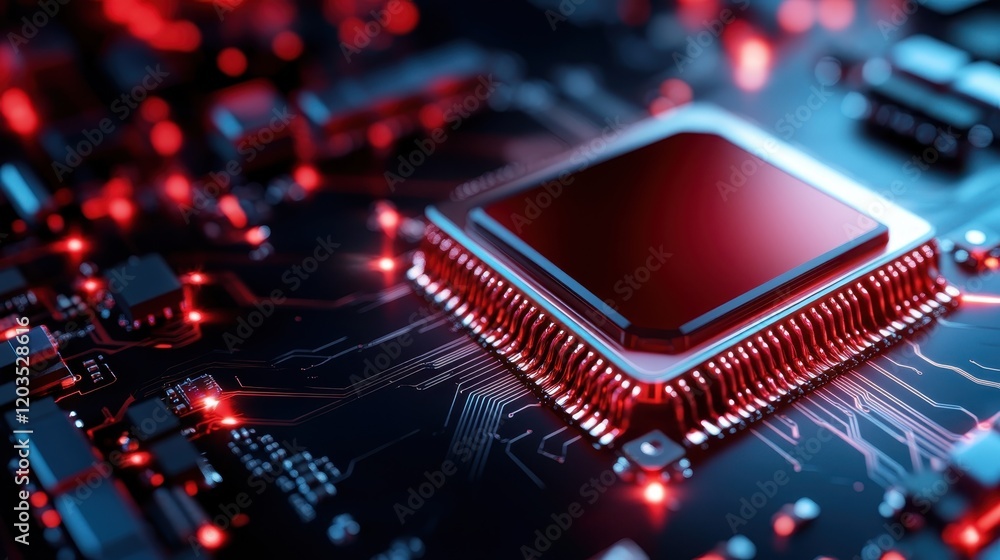 Poster a captivating close-up of a ruby red and black circuit board that highlights its high-tech aesthetic