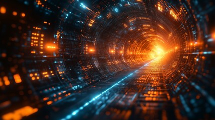 Fototapeta premium Futuristic glowing data tunnel with vibrant light and digital grid elements
