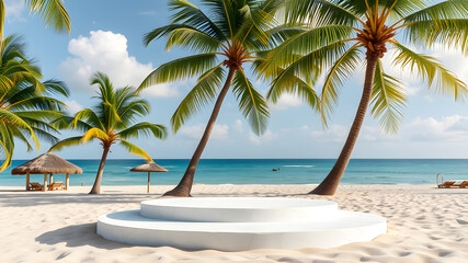 White stone podium with copy space for product display on tropical summer sand beach background. Generative AI