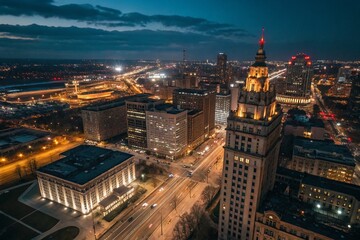 Obraz premium Aerial View of Cityscape at Night with Illuminated Buildings and Roads