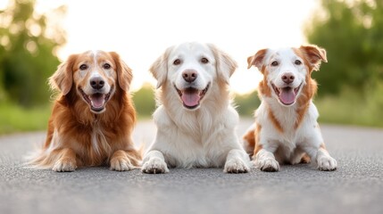 Three cheerful dogs of different breeds lay on a sunny road, showcasing their playful and friendly nature amidst the captivating natural backdrop of greenery and evening light.