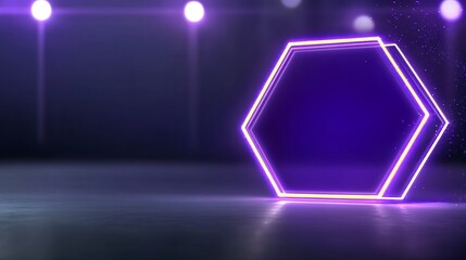 Fototapeta premium Glowing Purple Neon Hexagon Frame Dark Room. AI Generated