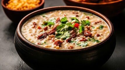A hearty bowl of creamy bean soup garnished with fresh herbs sits invitingly on a table, showcasing comfort food perfect for cozy gatherings or family meals.