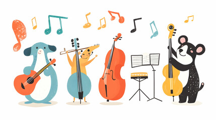 Adorable animal band playing music; cheerful background; ideal for children's books