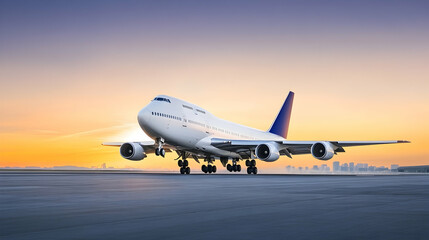 Airplane landing at dawn, city skyline background, travel and transportation