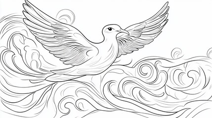 A stylized drawing of a dove flying above stylized waves and a sun