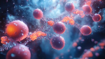 Detailed 3D illustration of stem cell undergoing molecular division showcasing DNA strand nucleus structure protein cancer therapy research medical biotechnology Scientific exploration of cellular