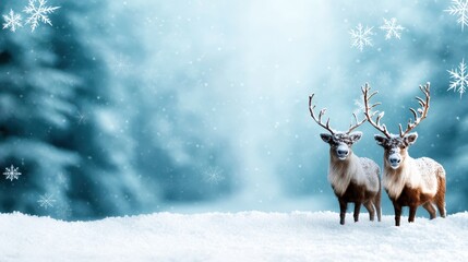 Two graceful reindeers traverse a snowy landscape, surrounded by a mesmerizing winter forest, evoking a sense of peace and awe in the tranquil beauty of nature.