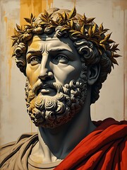 Abstract portraits of philosophers (e.g., Marcus Aurelius with a golden crown of laurels) 
