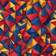 Fototapeta premium A bold combination of South American textile patterns and Japanese origami-inspired shapes, featuring symmetrical folds and vibrant colors like ruby red, royal blue, and golden yellow.