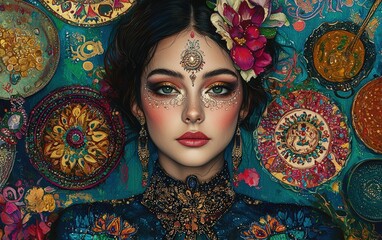 A radiant portrait of a young woman with intricate makeup, set against a background filled with exotic and colorful dishes.