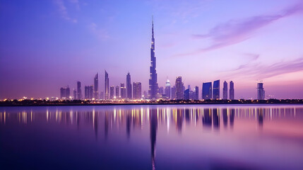 Fototapeta premium Cityscape at sunset, reflecting in calm water, modern architecture, urban development