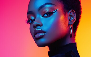 A vivid portrait of a young woman with glamorous makeup, set against a softly lit monochrome studio background.
