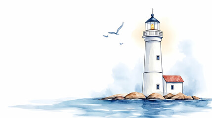 Coastal Lighthouse Guiding Ships at Sunset, Watercolor Painting