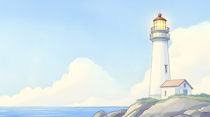 Coastal lighthouse shines on a sunny day; tranquil ocean background, ideal for travel brochures