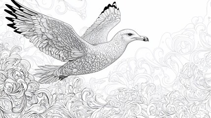 Fototapeta premium Detailed black and white illustration of a seagull in flight over an ornate pattern background