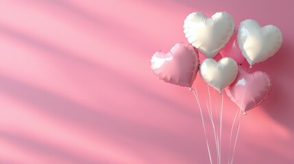 Heart-shaped balloons floating against a pastel pink background create a festive and romantic atmosphere for celebrations
