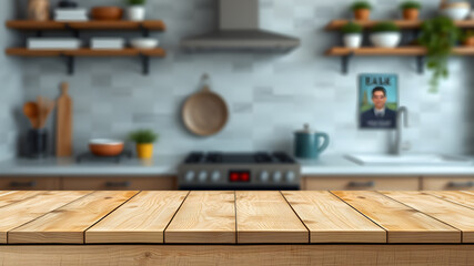 Wood table top on blurred kitchen background. can be used mock up for montage products display or design layout. Generative AI