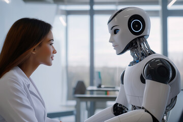 Advanced AI robot interacting with a doctor, displaying empathy through realistic facial expressions.