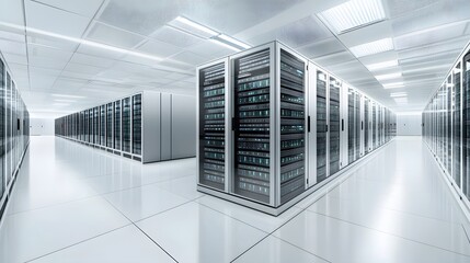 1. A futuristic server room with high-tech servers, flashing lights, and clean lines, representing speed and reliability