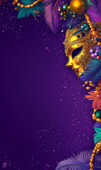 Carnival masks, feathers and colorful shiny beads on purple background with copy space, top view - festive frame with Mardi Gras border.