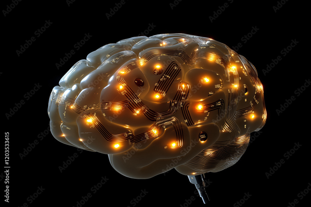 Poster conceptual image of a human brain glowing with technological circuits.