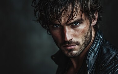 Obraz premium A rugged man with tousled hair and intense eyes, wearing a leather jacket, against a moody dark gradient background