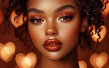 Fototapeta premium A stunning woman with glossy cinnamon lips and curled lashes, against a deep caramel heart-themed backdrop