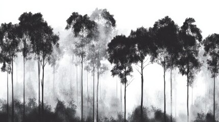 A dramatic black and white wallpaper featuring a dense forest with tall, shadowy trees fading into mist, creating a mysterious atmosphere
