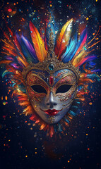 Elegant colorful carnival poster background, black background, mask with many details and decorations, evocative and elegant composition, empty, some colorful neon flashes. Copy space. Banner.