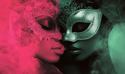 Masquerade and mysticism event with dramatic masks. Agroamericans. Mardi Gras.