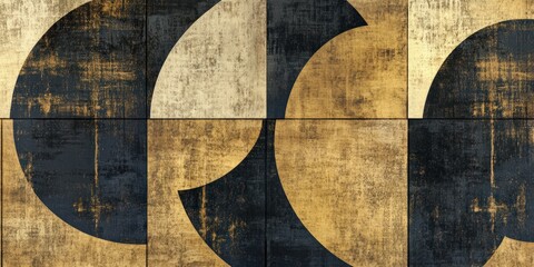 A faded vintage wallpaper with bold, abstract Art Deco shapes in gold and navy, accented by a patina finish for a historical atmosphere