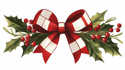 Festive red plaid bow with holly berries and leaves; Christmas decoration, website header