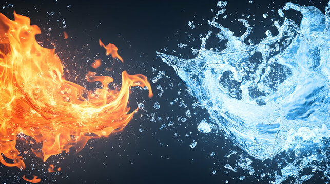 Fiery flames and icy water clashing; abstract concept of opposing forces; dark background; ideal for duality, conflict, or balance themes