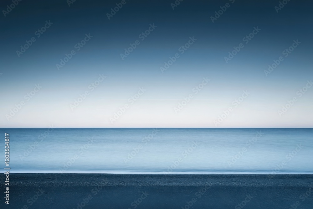 Poster Serene horizon at twilight over calm waters with gentle waves lapping at the shore. Generative AI